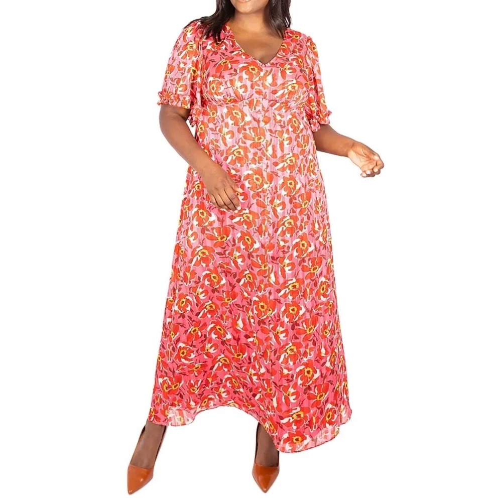 Maree Pour Toi Pink Floral Metallic Stripe Empire Waist Maxi Dress Plus Size‎ 18